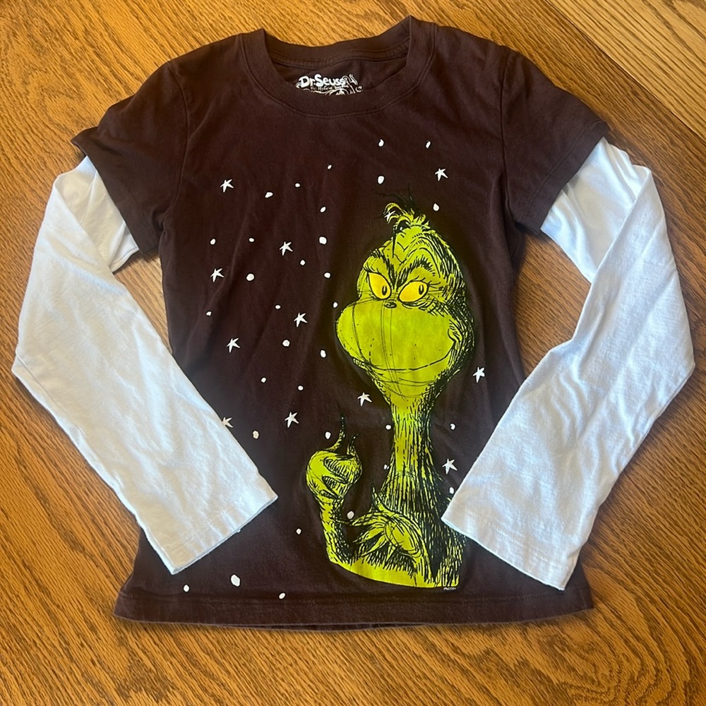 Grinch Dr Seuss Brown long sleeved tshirt. Size Girls Large.  Holiday